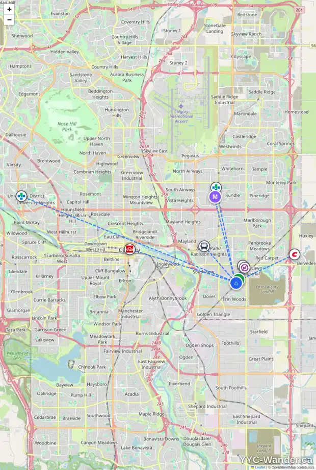 Daily accessibility map for 57 DOVERVILLE WY SE, Calgary showing nearby schools, grocery stores, parks, LRT stations and nearby amenities