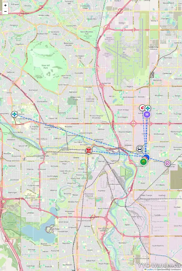 Daily accessibility map for 1424 RADISSON DR SE, Calgary showing nearby schools, grocery stores, parks, LRT stations and nearby amenities