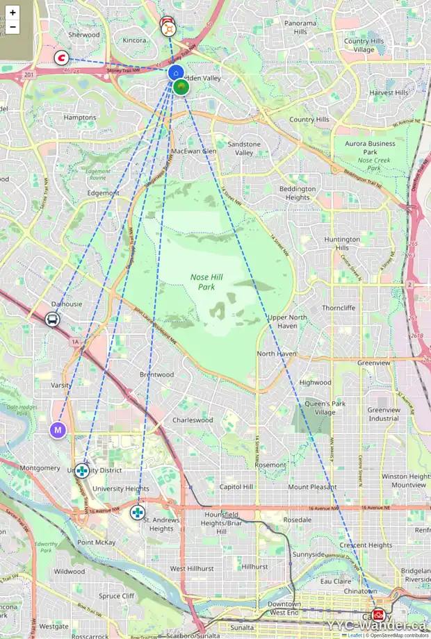 Daily accessibility map for 132 HIDDEN RANCH CR NW, Calgary showing nearby schools, grocery stores, parks, LRT stations and nearby amenities