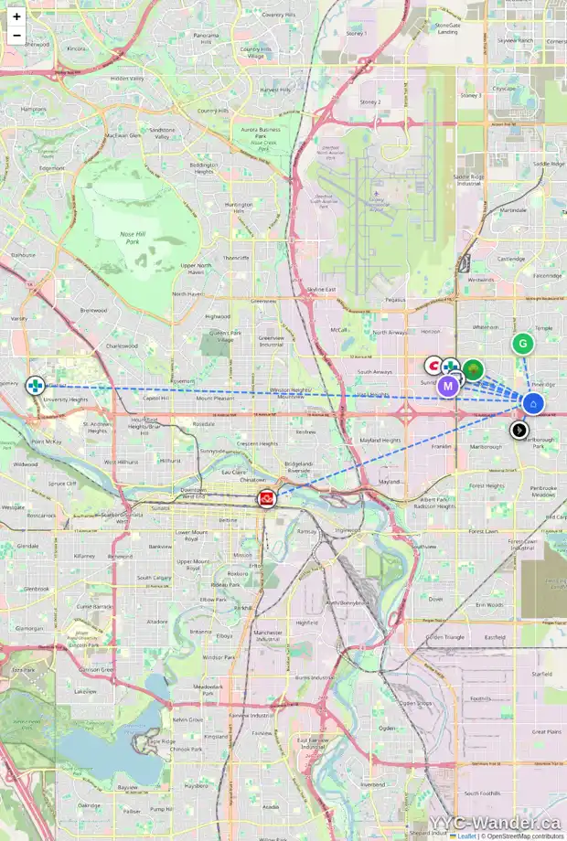 Daily accessibility map for 103 PINEPOINT PL NE, Calgary showing nearby schools, grocery stores, parks, LRT stations and nearby amenities