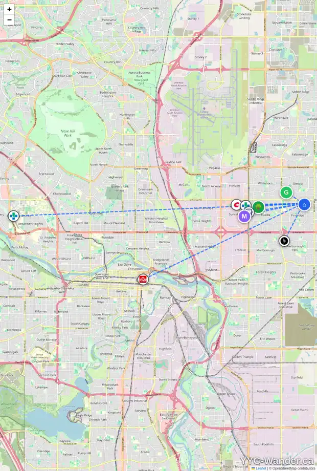 Daily accessibility map for 174 PINEMEADOW RD NE, Calgary showing nearby schools, grocery stores, parks, LRT stations and nearby amenities