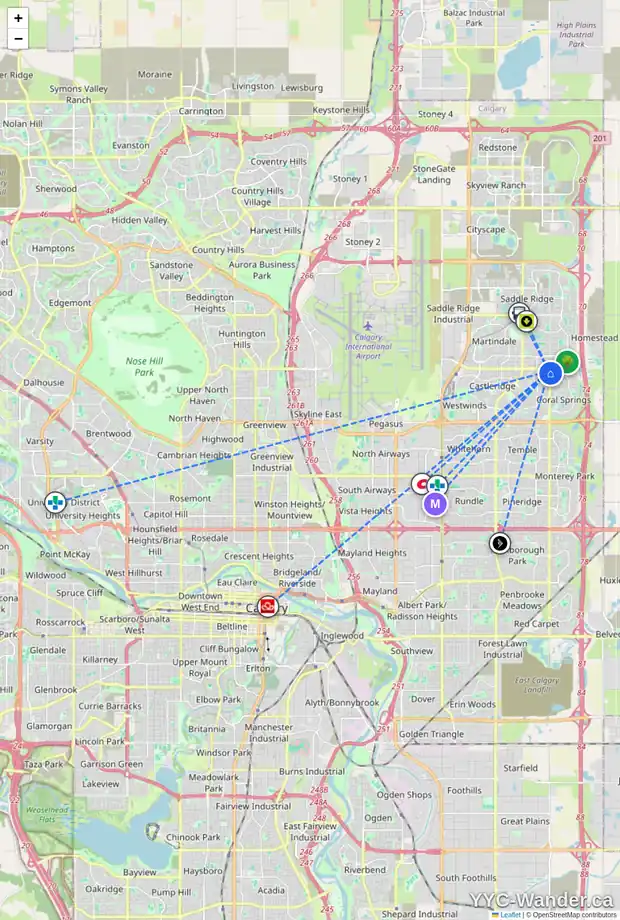 Daily accessibility map for 6479 68 ST NE, Calgary showing nearby schools, grocery stores, parks, LRT stations and nearby amenities