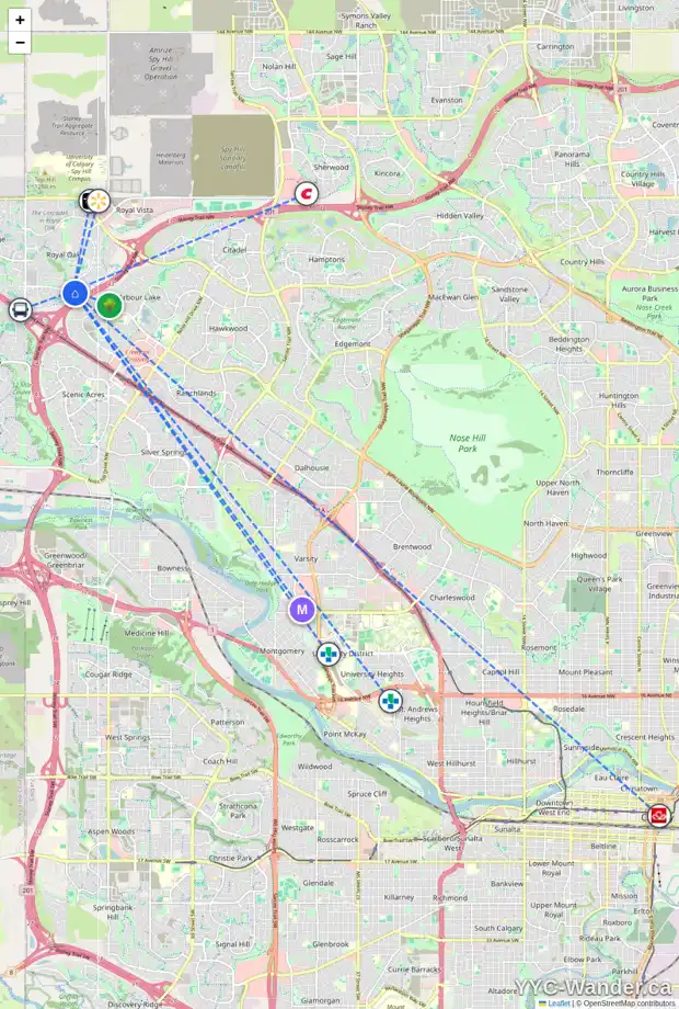 Daily accessibility map for 117 ROYAL CREST BA NW, Calgary showing nearby schools, grocery stores, parks, LRT stations and nearby amenities