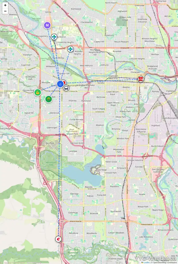 Daily accessibility map for 3919 10 AV SW, Calgary showing nearby schools, grocery stores, parks, LRT stations and nearby amenities