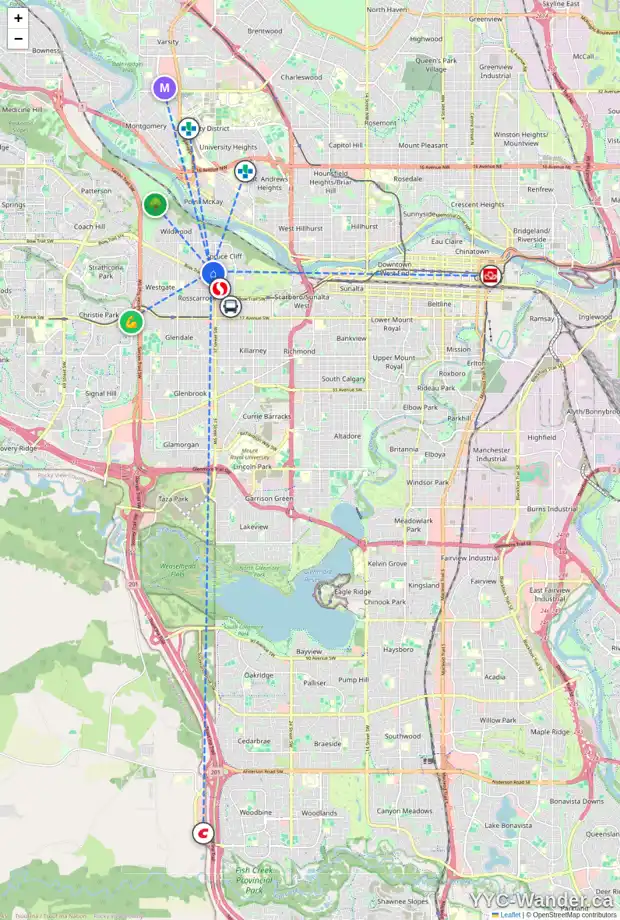 Daily accessibility map for 628 38 ST SW, Calgary showing nearby schools, grocery stores, parks, LRT stations and nearby amenities