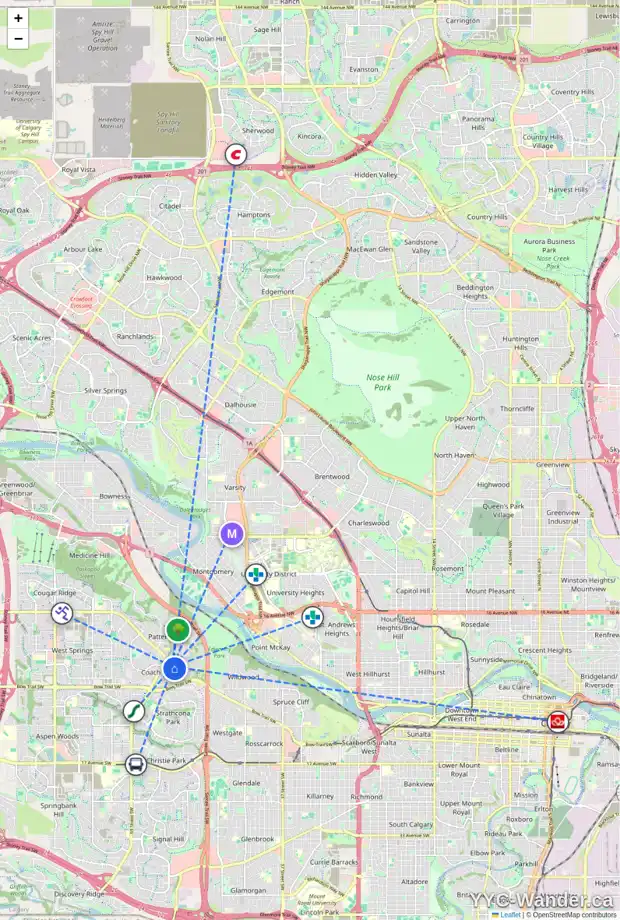 Daily accessibility map for 104 COACH MANOR RI SW, Calgary showing nearby schools, grocery stores, parks, LRT stations and nearby amenities