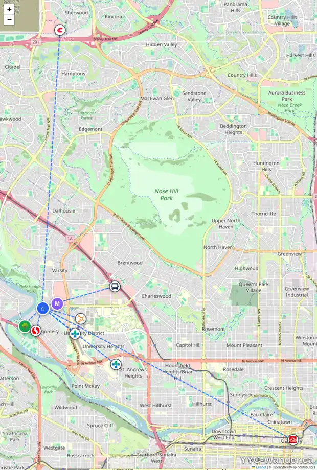 Daily accessibility map for 5315 32 AV NW, Calgary showing nearby schools, grocery stores, parks, LRT stations and nearby amenities