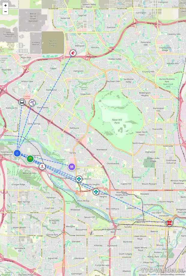 Daily accessibility map for 8612 33 AV NW, Calgary showing nearby schools, grocery stores, parks, LRT stations and nearby amenities