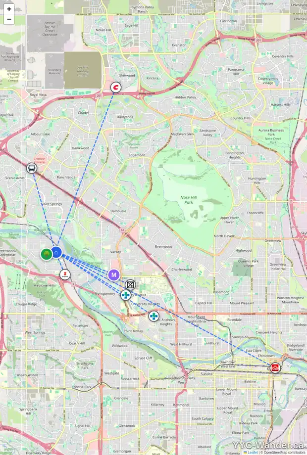 Daily accessibility map for 4355 70 ST NW, Calgary showing nearby schools, grocery stores, parks, LRT stations and nearby amenities