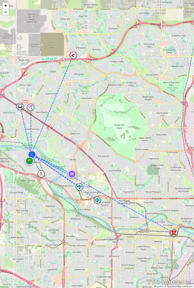 Daily accessibility map for 7704 46 AV NW, Calgary showing nearby schools, grocery stores, parks, LRT stations and nearby amenities