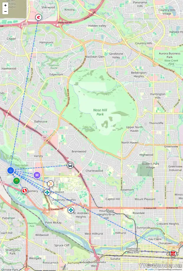 Daily accessibility map for 6212 BOWNESS RD NW, Calgary showing nearby schools, grocery stores, parks, LRT stations and nearby amenities