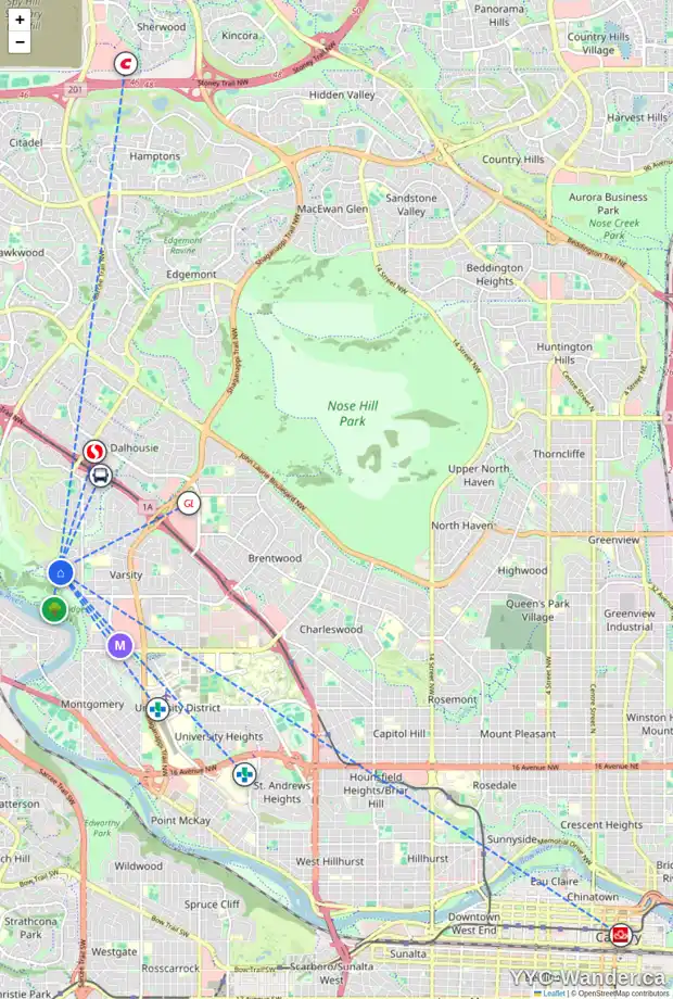 Daily accessibility map for 311 VARSITY CL NW, Calgary showing nearby schools, grocery stores, parks, LRT stations and nearby amenities