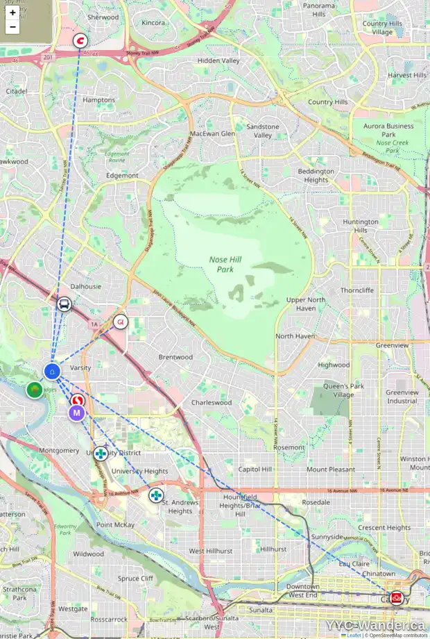 Daily accessibility map for 4243 53 ST NW, Calgary showing nearby schools, grocery stores, parks, LRT stations and nearby amenities