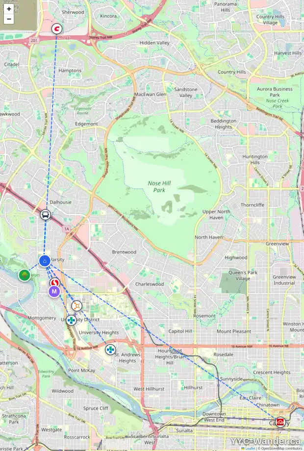 Daily accessibility map for 4412 52 ST NW, Calgary showing nearby schools, grocery stores, parks, LRT stations and nearby amenities