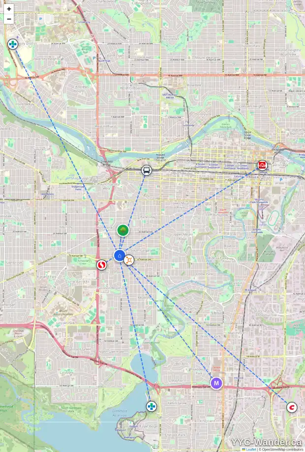 Daily accessibility map for 2112 32 AV SW, Calgary showing nearby schools, grocery stores, parks, LRT stations and nearby amenities