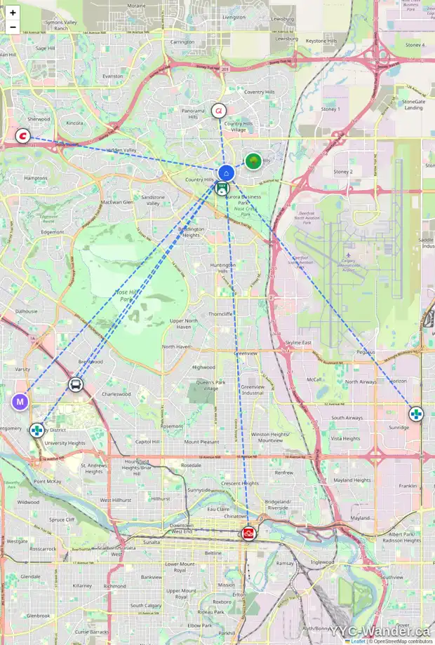 Daily accessibility map for 1167 COUNTRY HILLS CI NW, Calgary showing nearby schools, grocery stores, parks, LRT stations and nearby amenities