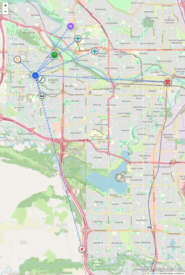 Daily accessibility map for 1329 STRATHCONA DR SW, Calgary showing nearby schools, grocery stores, parks, LRT stations and nearby amenities