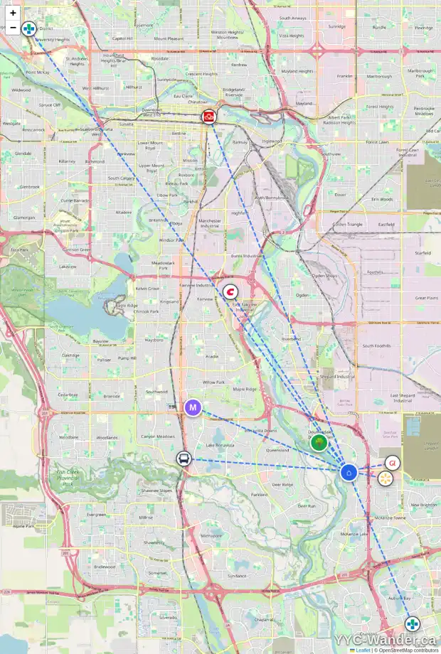 Daily accessibility map for 204 MT DOUGLAS PT SE, Calgary showing nearby schools, grocery stores, parks, LRT stations and nearby amenities