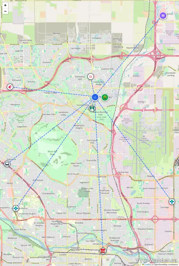 Daily accessibility map for 155 COUNTRY HILLS DR NW, Calgary showing nearby schools, grocery stores, parks, LRT stations and nearby amenities