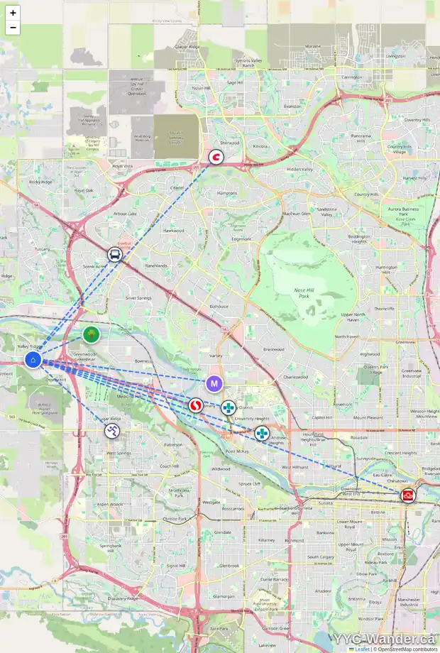 Daily accessibility map for 140 VALLEY RIDGE HT NW, Calgary showing nearby schools, grocery stores, parks, LRT stations and nearby amenities