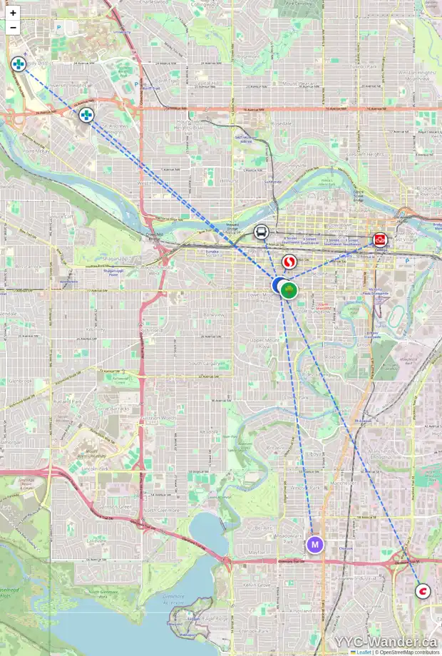 Daily accessibility map for 409 923 15 AV SW, Calgary showing nearby schools, grocery stores, parks, LRT stations and nearby amenities