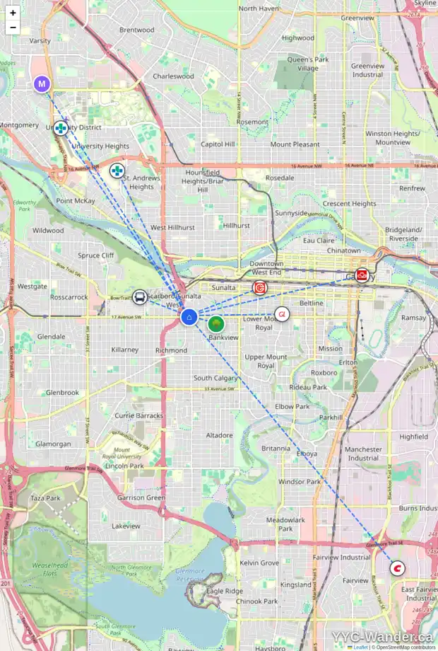 Daily accessibility map for 2146 17 AV SW, Calgary showing nearby schools, grocery stores, parks, LRT stations and nearby amenities