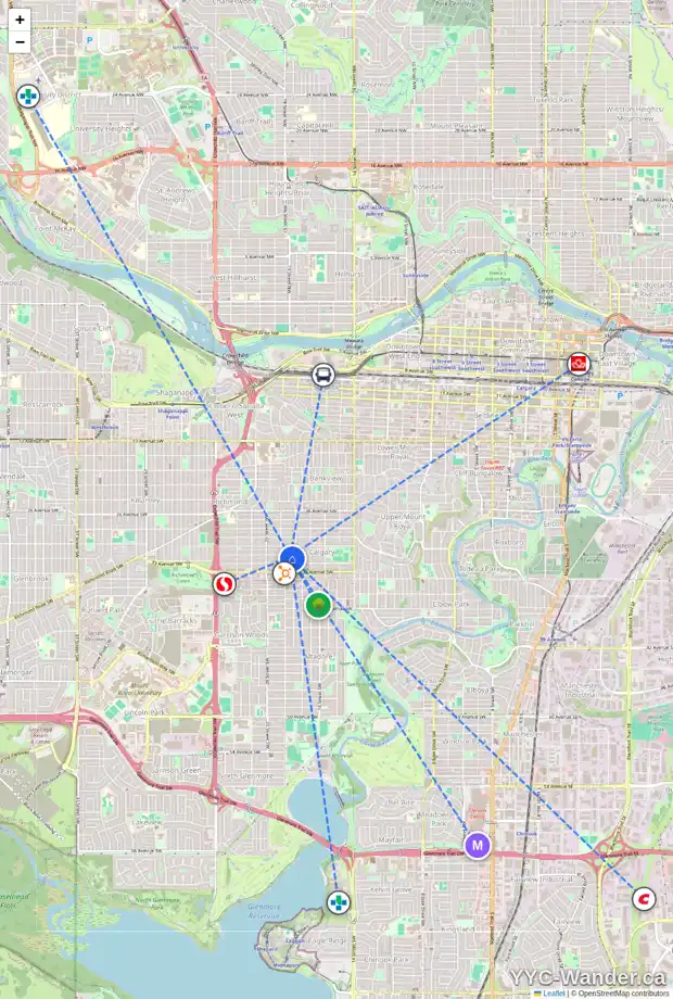 Daily accessibility map for 1915 31 AV SW, Calgary showing nearby schools, grocery stores, parks, LRT stations and nearby amenities