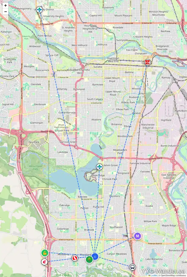 Daily accessibility map for 12419 17 ST SW, Calgary showing nearby schools, grocery stores, parks, LRT stations and nearby amenities