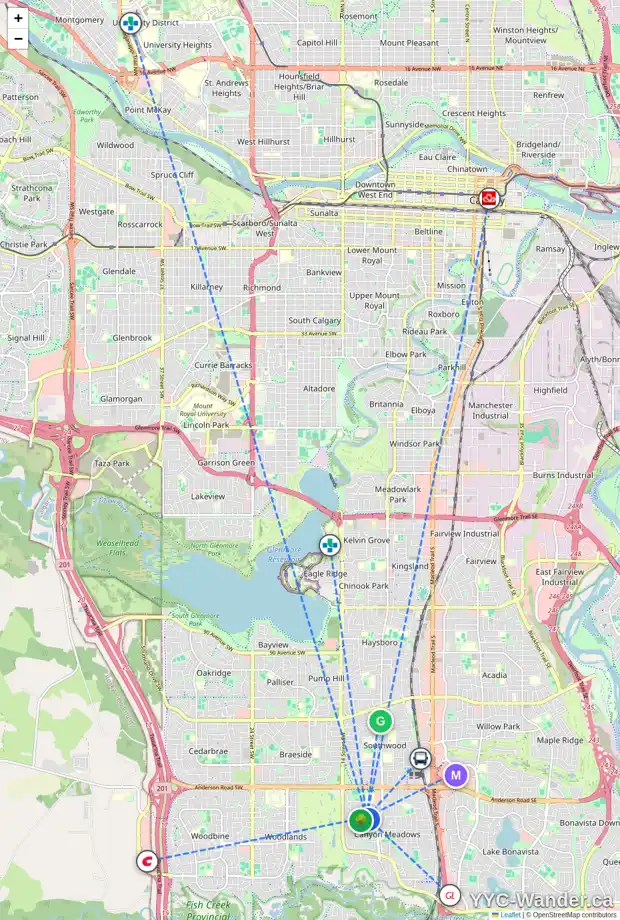 Daily accessibility map for 59 CANATA CL SW, Calgary showing nearby schools, grocery stores, parks, LRT stations and nearby amenities