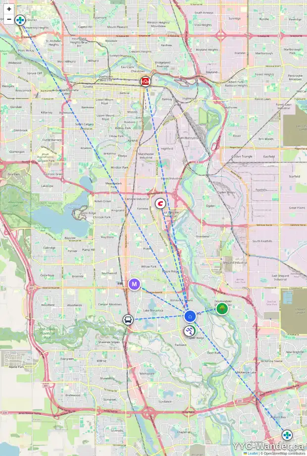 Daily accessibility map for 124 QUEENSLAND PL SE, Calgary showing nearby schools, grocery stores, parks, LRT stations and nearby amenities