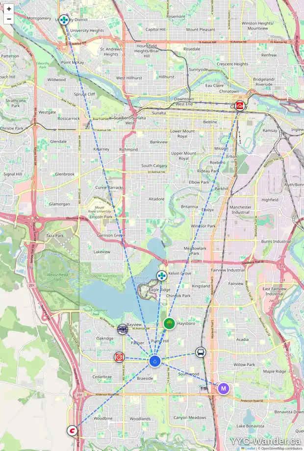 Daily accessibility map for 207 PUMP HILL CR SW, Calgary showing nearby schools, grocery stores, parks, LRT stations and nearby amenities