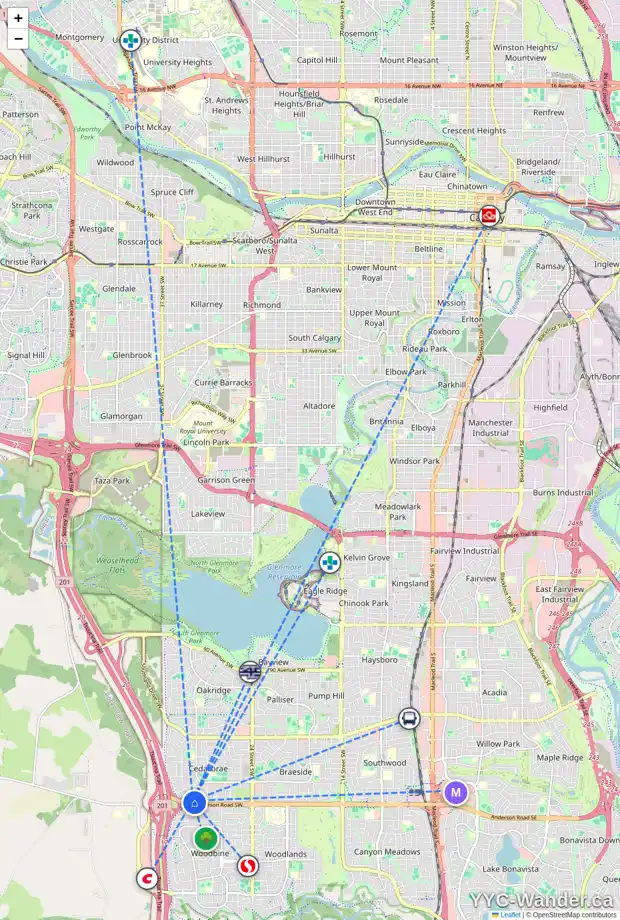 Daily accessibility map for 60 CEDARDALE RI SW, Calgary showing nearby schools, grocery stores, parks, LRT stations and nearby amenities