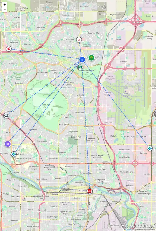 Daily accessibility map for 454 COUNTRY HILLS DR NW, Calgary showing nearby schools, grocery stores, parks, LRT stations and nearby amenities