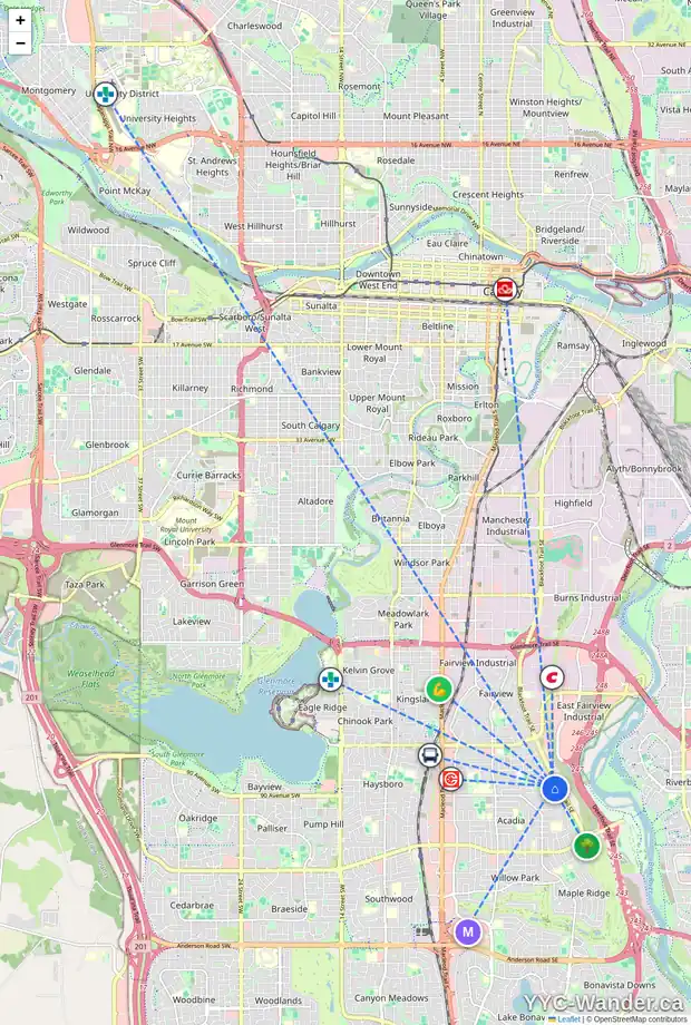 Daily accessibility map for 816 AVONLEA PL SE, Calgary showing nearby schools, grocery stores, parks, LRT stations and nearby amenities