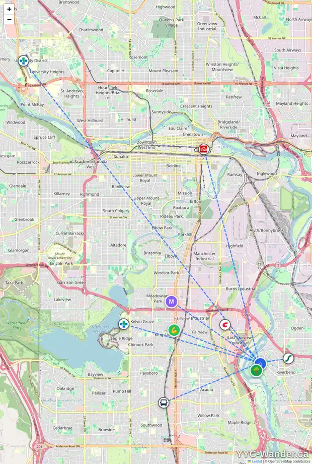 Daily accessibility map for 82 RIVERSIDE CL SE, Calgary showing nearby schools, grocery stores, parks, LRT stations and nearby amenities
