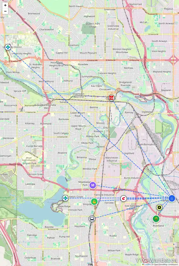 Daily accessibility map for 2431 CRESTWOOD RD SE, Calgary showing nearby schools, grocery stores, parks, LRT stations and nearby amenities