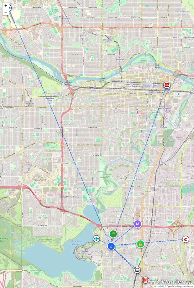 Daily accessibility map for 1223 73 AV SW, Calgary showing nearby schools, grocery stores, parks, LRT stations and nearby amenities