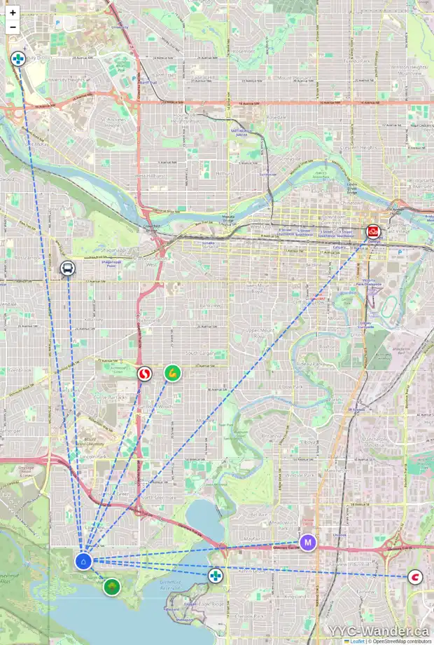 Daily accessibility map for 3319 LASSITER CO SW, Calgary showing nearby schools, grocery stores, parks, LRT stations and nearby amenities