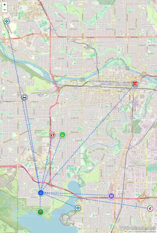 Daily accessibility map for 2956 LINDSAY DR SW, Calgary showing nearby schools, grocery stores, parks, LRT stations and nearby amenities