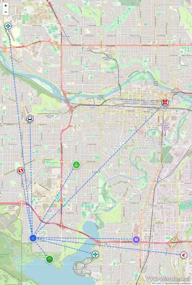 Daily accessibility map for 3508 LAKESIDE CR SW, Calgary showing nearby schools, grocery stores, parks, LRT stations and nearby amenities