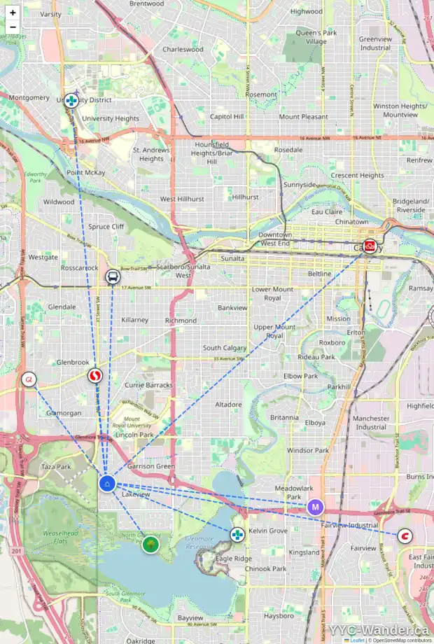 Daily accessibility map for 3651 LOGAN CR SW, Calgary showing nearby schools, grocery stores, parks, LRT stations and nearby amenities