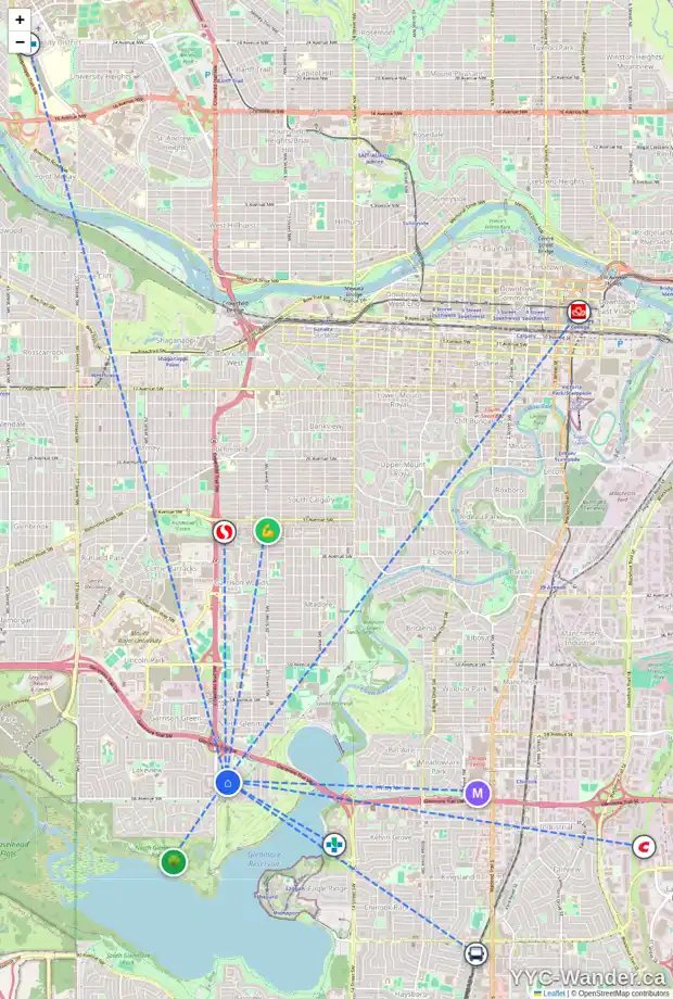Daily accessibility map for 6520 LOMBARDY CR SW, Calgary showing nearby schools, grocery stores, parks, LRT stations and nearby amenities