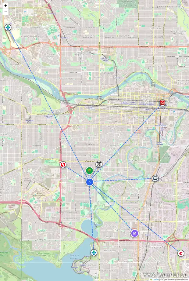 Daily accessibility map for 4219 16 ST SW, Calgary showing nearby schools, grocery stores, parks, LRT stations and nearby amenities