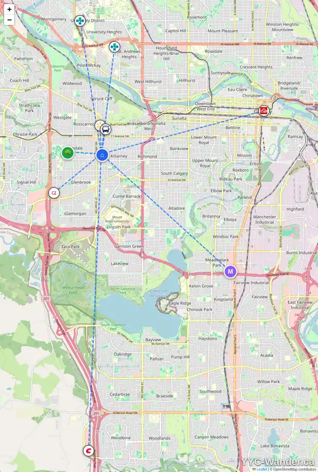 Daily accessibility map for 2427 35 ST SW, Calgary showing nearby schools, grocery stores, parks, LRT stations and nearby amenities