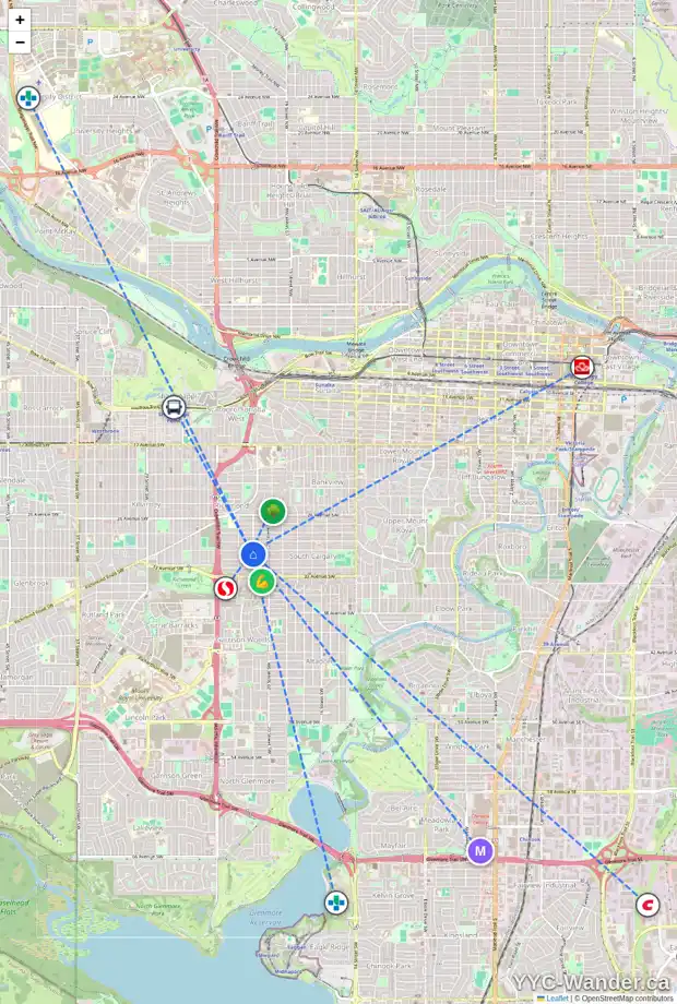 Daily accessibility map for 2203 30 AV SW, Calgary showing nearby schools, grocery stores, parks, LRT stations and nearby amenities