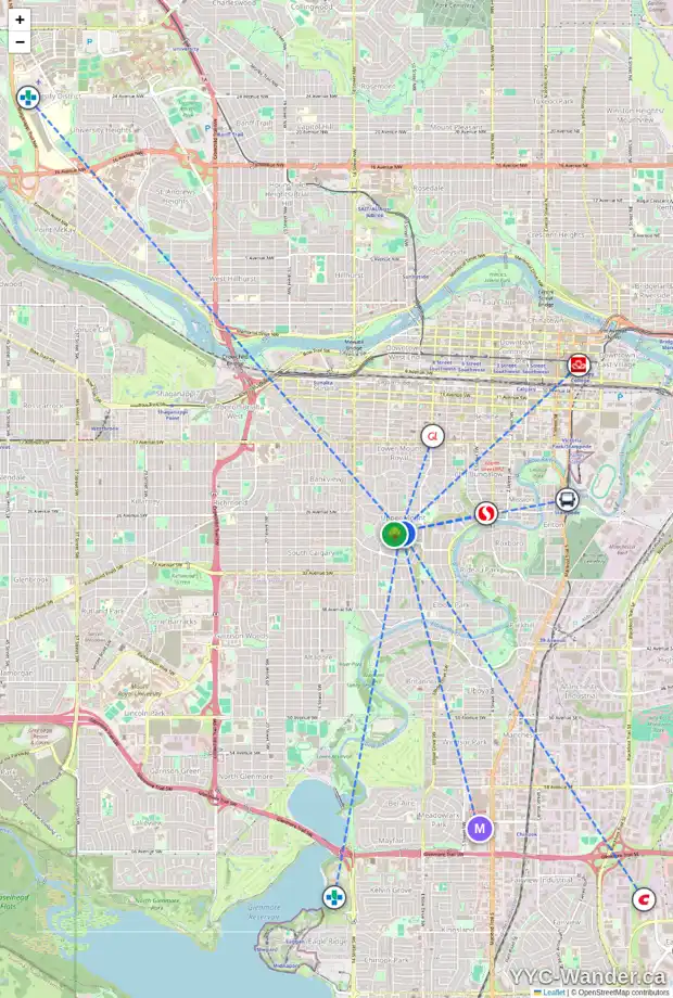 Daily accessibility map for 2720 10 ST SW, Calgary showing nearby schools, grocery stores, parks, LRT stations and nearby amenities