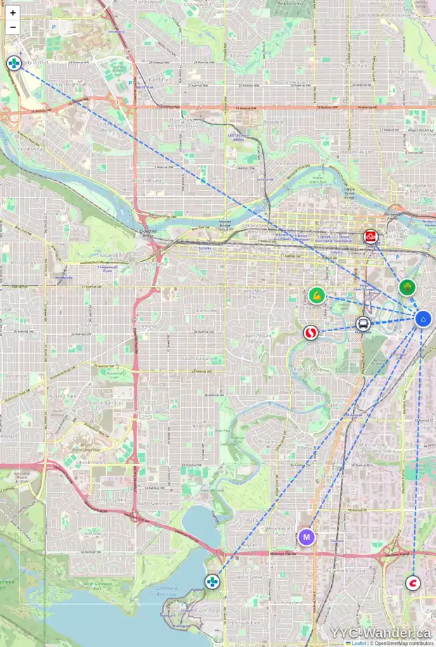 Daily accessibility map for 725 23 AV SE, Calgary showing nearby schools, grocery stores, parks, LRT stations and nearby amenities