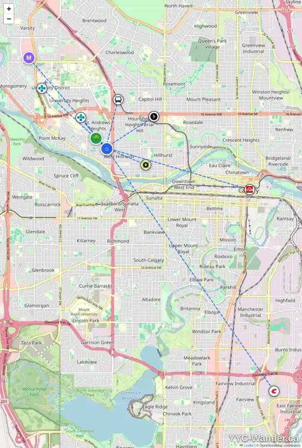 Daily accessibility map for 2609 6 AV NW, Calgary showing nearby schools, grocery stores, parks, LRT stations and nearby amenities
