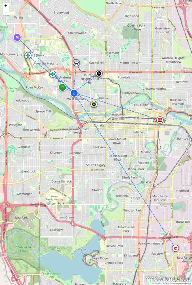 Daily accessibility map for 2435 6 AV NW, Calgary showing nearby schools, grocery stores, parks, LRT stations and nearby amenities