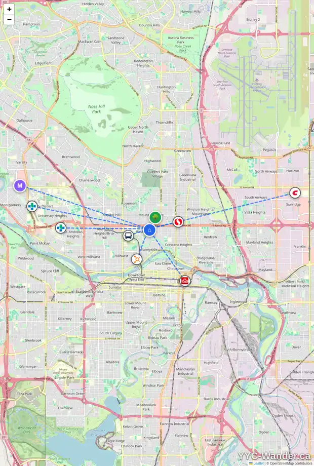 Daily accessibility map for 1601 7 ST NW, Calgary showing nearby schools, grocery stores, parks, LRT stations and nearby amenities